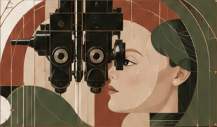 Stylized illustration of an eye exam with diagnostic technology